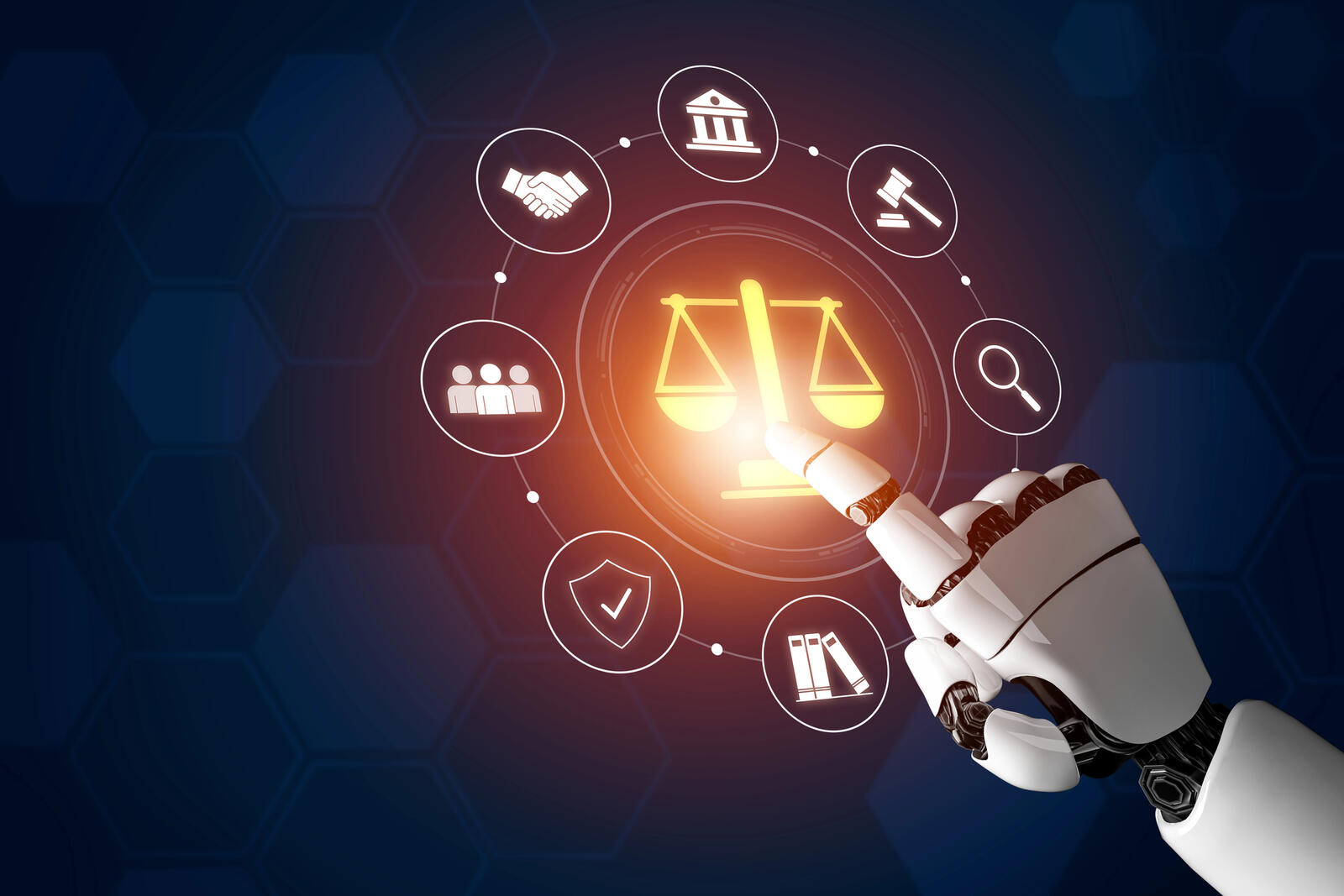 A computer-rendered image of a robotic hand pressing a large scales-of-justice icon, which is surrounded by various other legal icons.