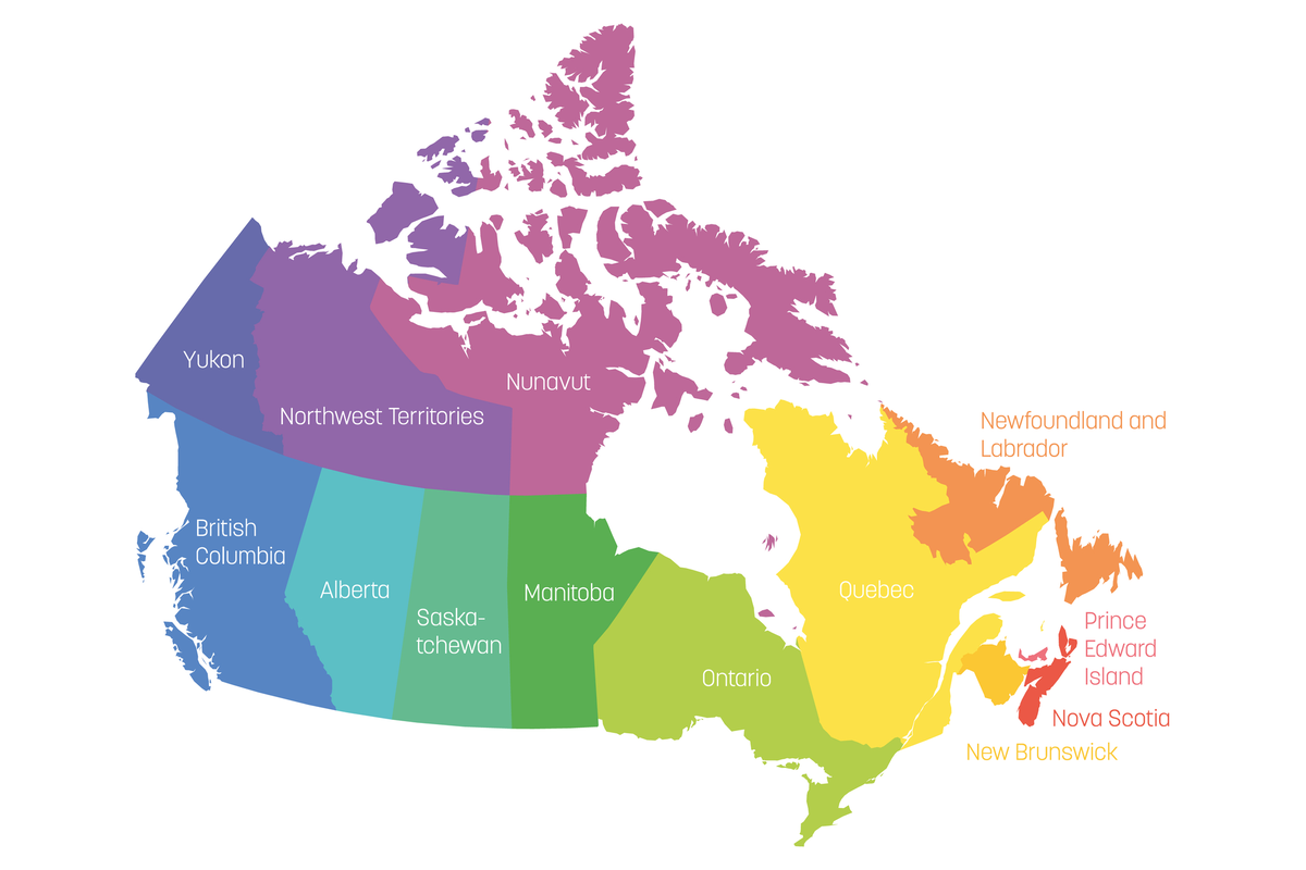 A colourful map of Canada, depicting each province in a different hue.