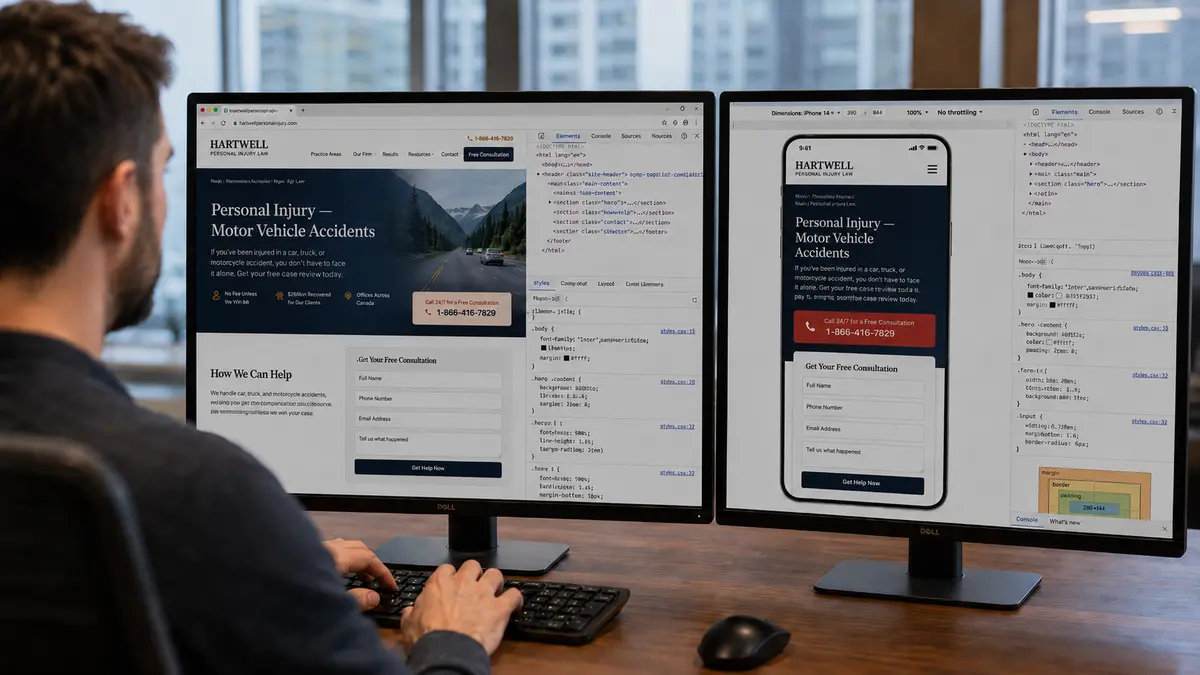 Developer working at a dual-monitor desk setup in a modern office, with both equal-sized screens showing a Canadian personal injury law firm website in development. The left screen shows the desktop page with HTML, CSS and browser developer tools, while the right screen shows a mobile preview of the same intake-focused page.