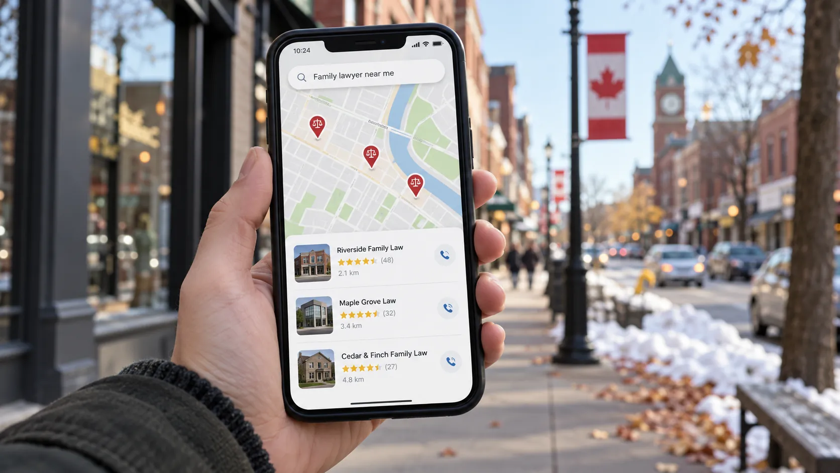 A hand holds a phone on a snowy Canadian main street, showing a map search for "family lawyer near me" with three family law firms, their star ratings, distances and call buttons.