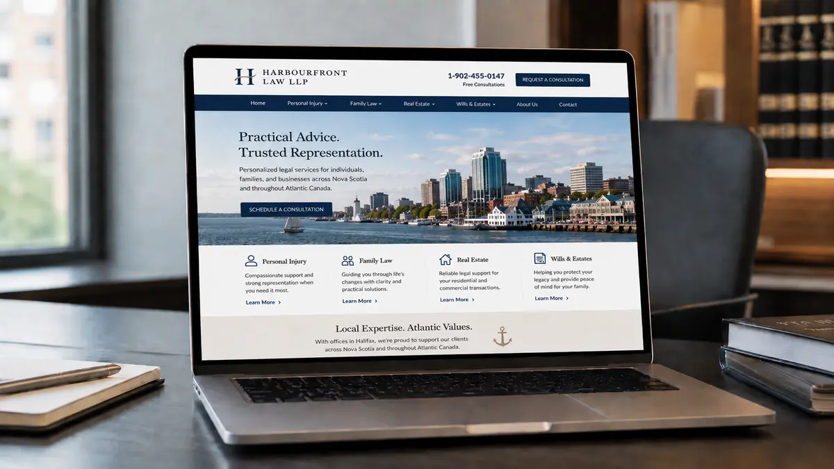 A horizontal stock photo of a modern law office desk with an open laptop displaying a fictional law firm homepage for Harbourfront Law LLP. The website features a visible phone number, a consultation button, practice area navigation, and a large hero image of Halifax waterfront. The desk includes a notebook and pen on the left and stacked books on the right, with a softly blurred office background.