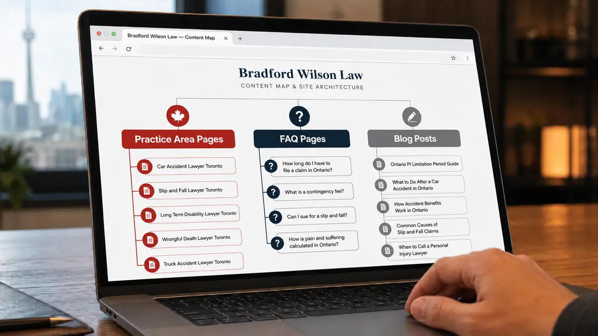 Laptop on a desk displaying a color-coded content map for fictional firm Bradford Wilson Law, with three large labeled columns for Practice Area Pages, FAQ Pages, and Blog Posts, photographed in a warm office setting with a hand near the keyboard.