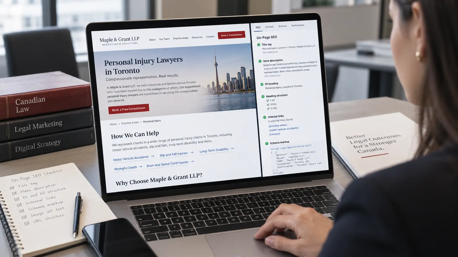 Law firm professional reviewing on-page SEO elements for a Toronto personal injury website on a laptop.
