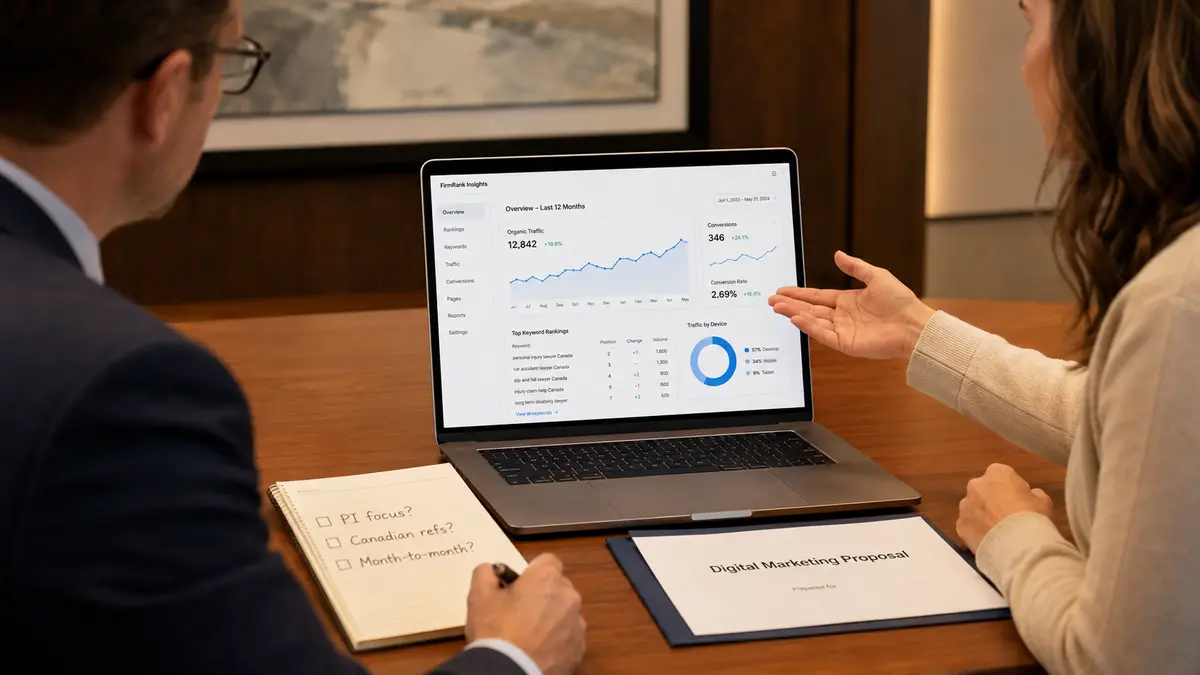 Lawyer and marketing consultant seated across a conference table reviewing a laptop with a legal marketing analytics dashboard, while the lawyer's notepad lists decision questions including "PI focus?", "Canadian refs?", and "Month to month?"