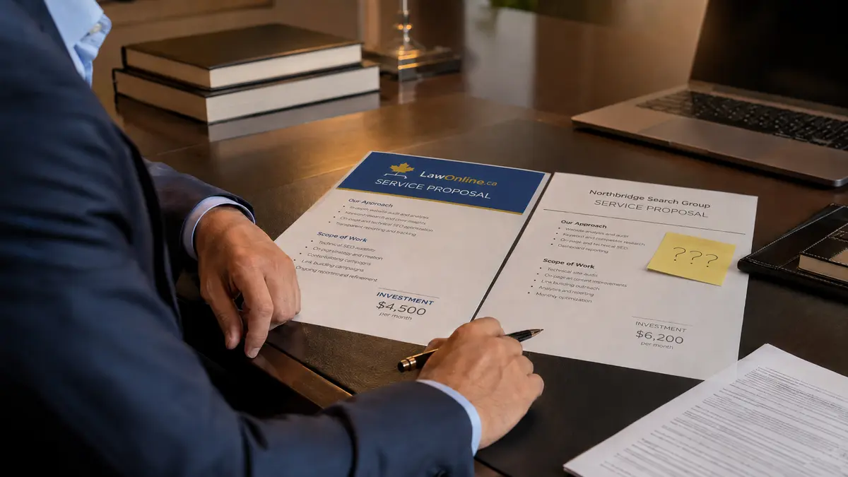 Lawyer comparing two SEO agency service proposals at a desk, including a LawOnline.ca proposal and a second agency proposal marked with a question note.