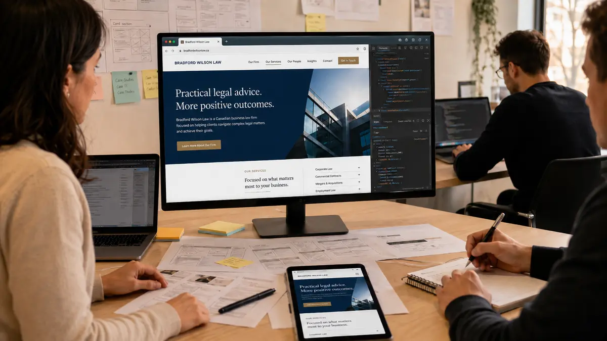 Three people collaborate on a law firm website project in a bright office, gathered around a large monitor showing a fictional Canadian law firm homepage with browser developer tools open. Printed wireframes, sticky notes, a notebook, a laptop, and a tablet with the mobile version of the same site are spread across a light wood table.