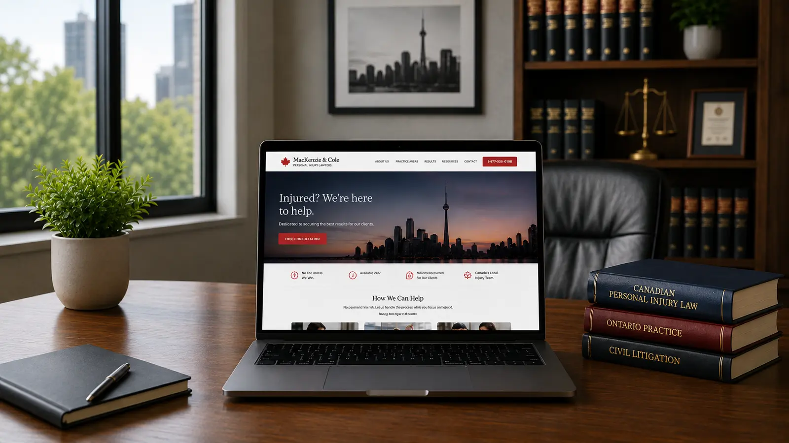 Laptop centered on a wooden desk in a bright law office, displaying a Canadian personal injury law firm website, with a bookshelf, framed skyline photo, office chair, potted plant, and a closed notebook with pen visible in the background.