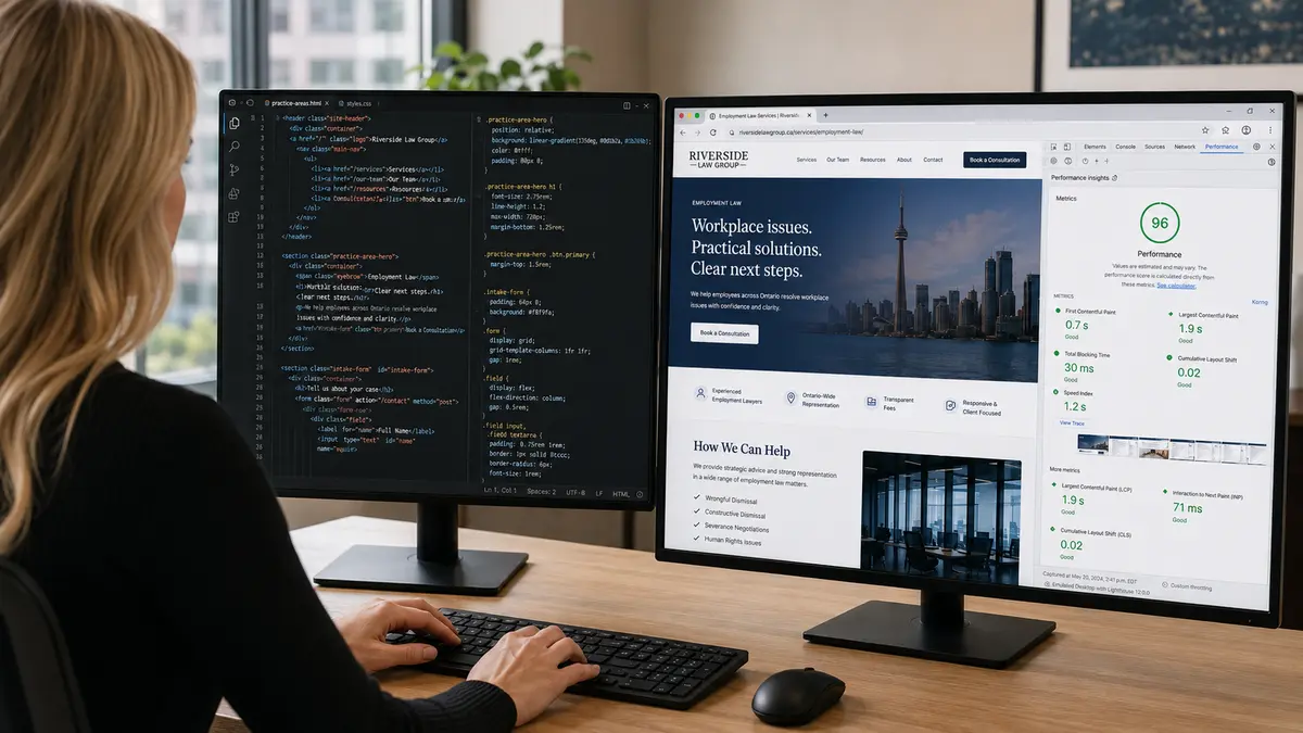 Editorial photo of a blond female web developer typing at a clean dual monitor workstation. One screen shows HTML and CSS for a fictional law firm practice area page, while the other shows the rendered Riverside Law Group website in a browser with a strong green performance score visible in DevTools.