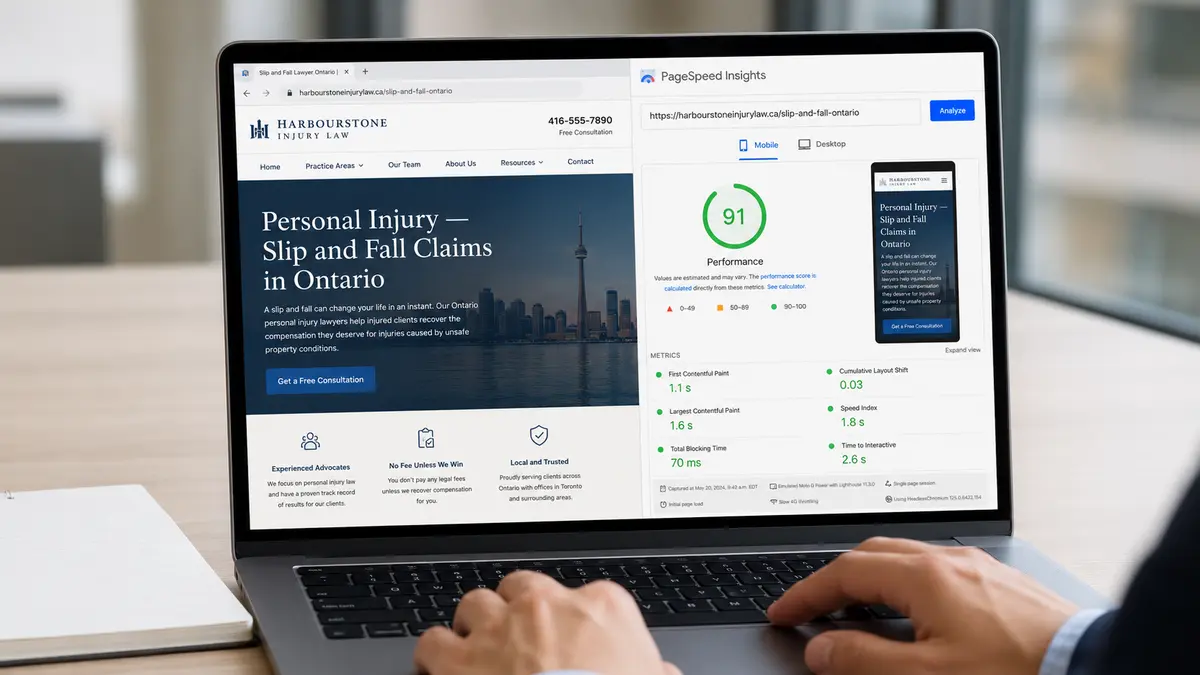 Close up of a person reviewing a fictional Canadian personal injury law firm website alongside PageSpeed Insights results showing a mobile performance score of 91 and an LCP of 1.6 seconds.