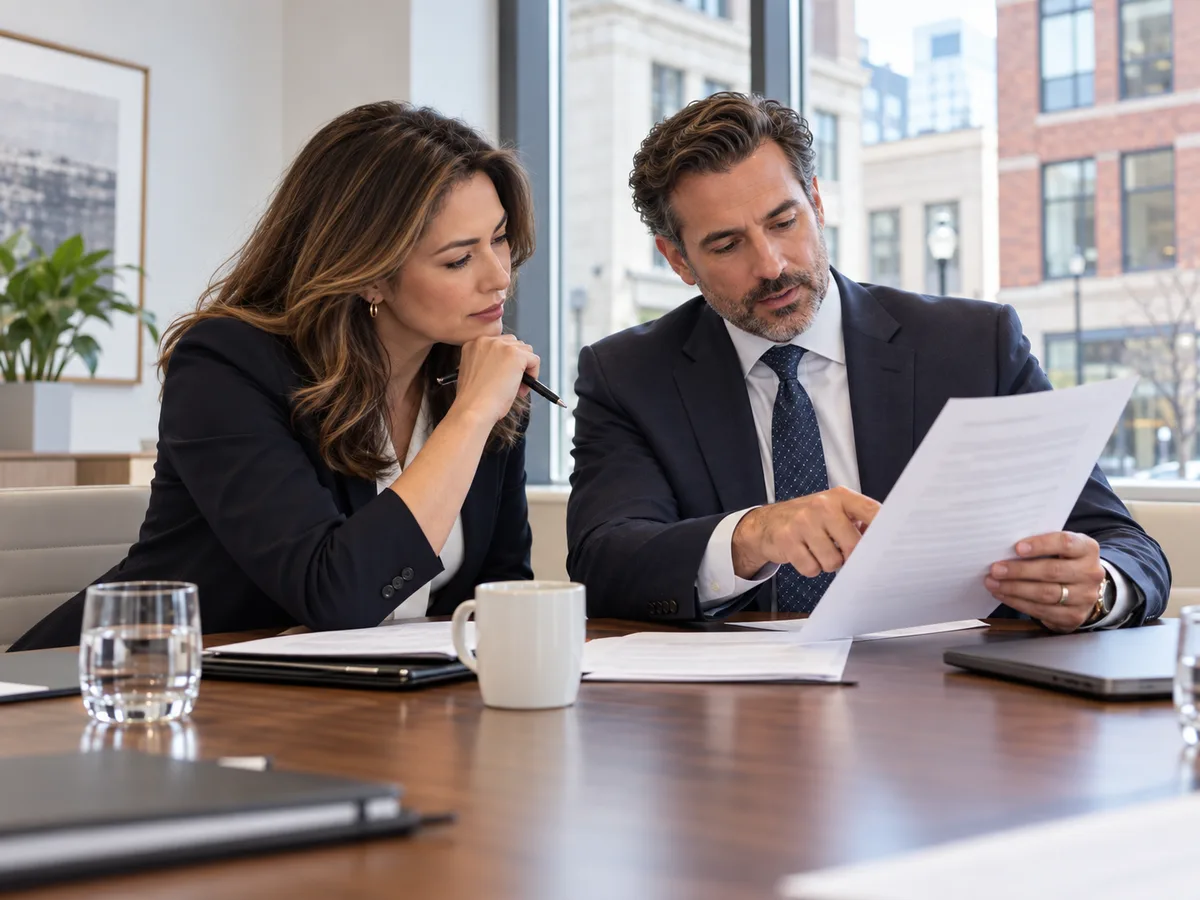 Two lawyers in dark suits at a boardroom table reviewing a printed proposal, one pointing to a line on the page while the other listens, pen in hand