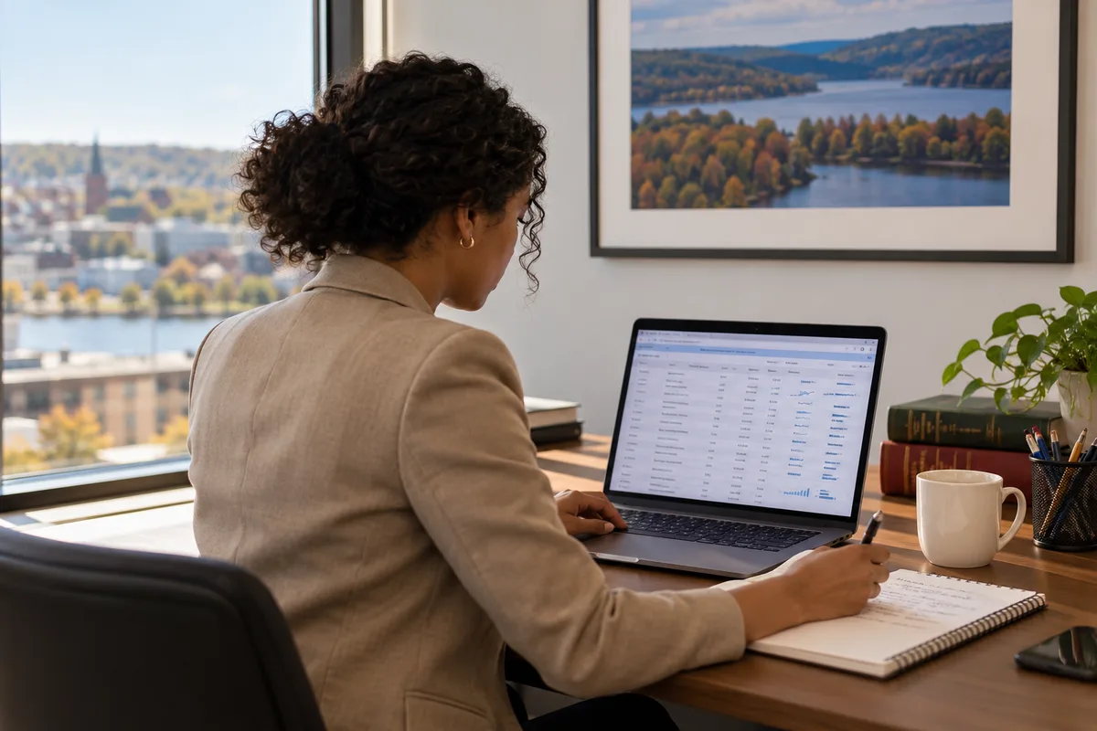 Professional in a law office reviewing a spreadsheet of keyword data on a laptop and taking handwritten notes, with an autumn river town visible through the window