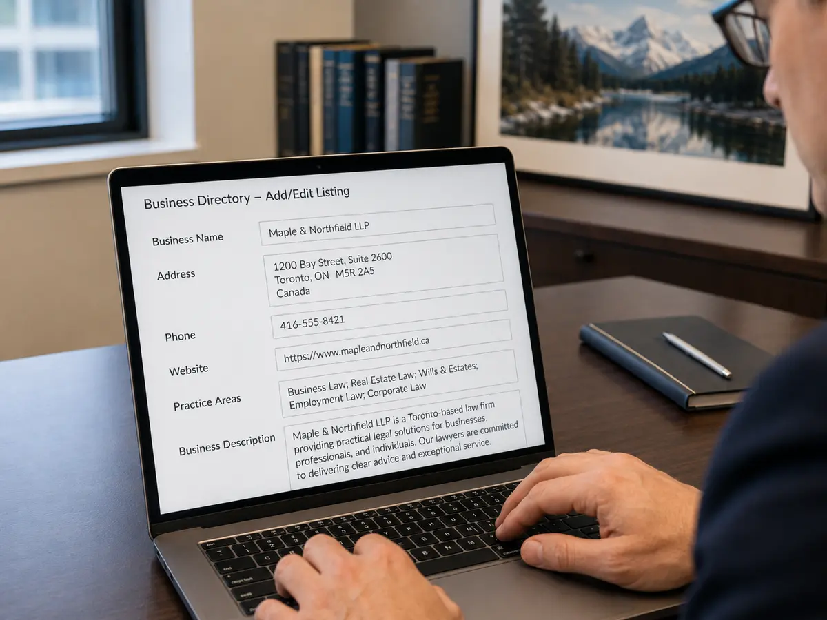 Close-up editorial photo of a lawyer at a desk updating a business directory listing on a laptop. The screen shows a partially completed profile form with fields for business name, address, phone, website, practice areas, and business description. Most of the lawyer is cropped out, keeping the focus on the listing workflow, with a Canadian landscape print and law books in the background.