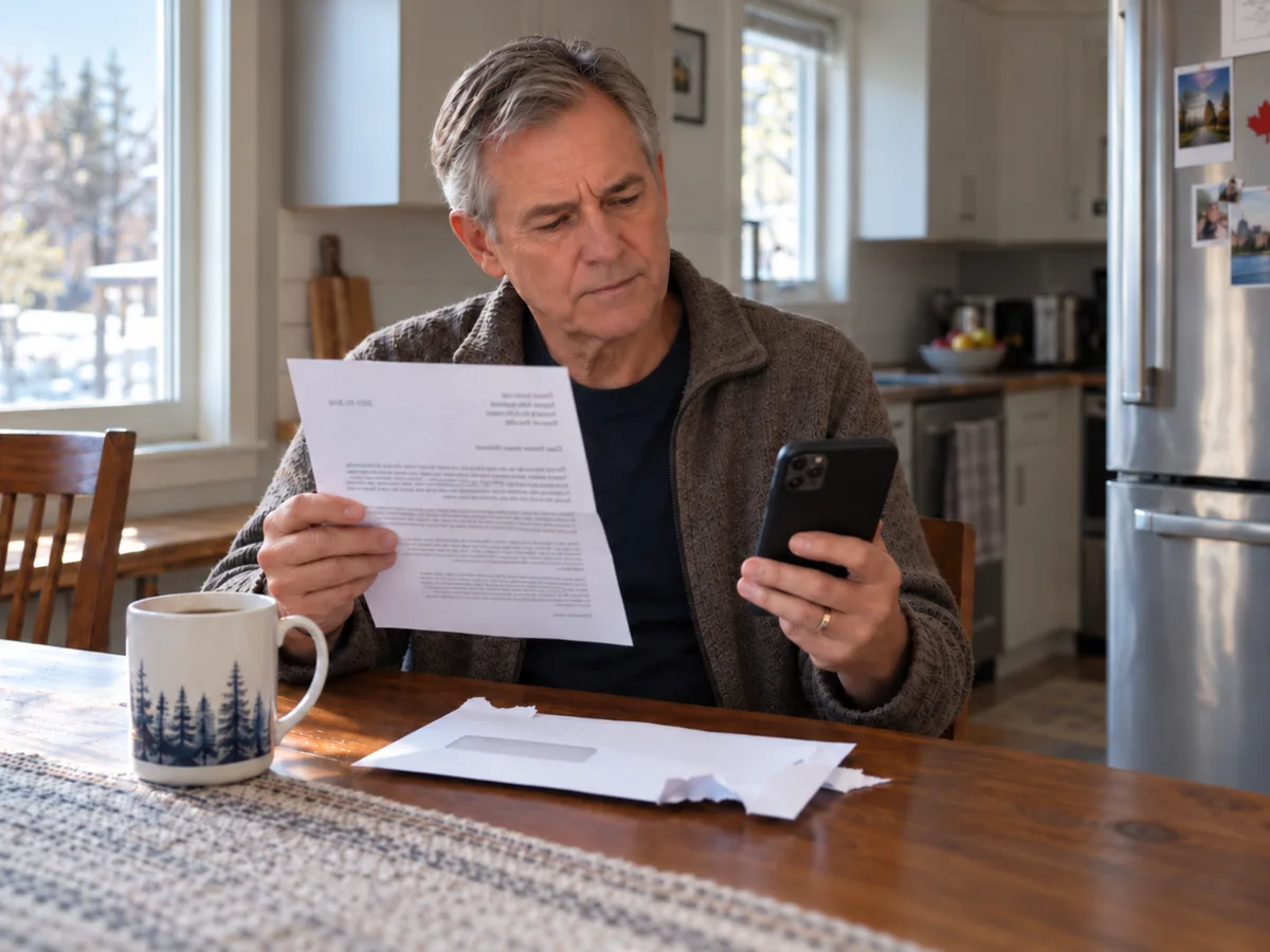 Older man sitting at a kitchen table in a bright home kitchen, holding a letter in one hand and a smartphone in the other, with a torn envelope and coffee mug on the table as he thoughtfully checks whether the notice applies to him.