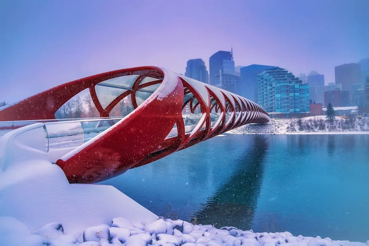 Snow falls on the Peace Bridge in Calgary, Alberta