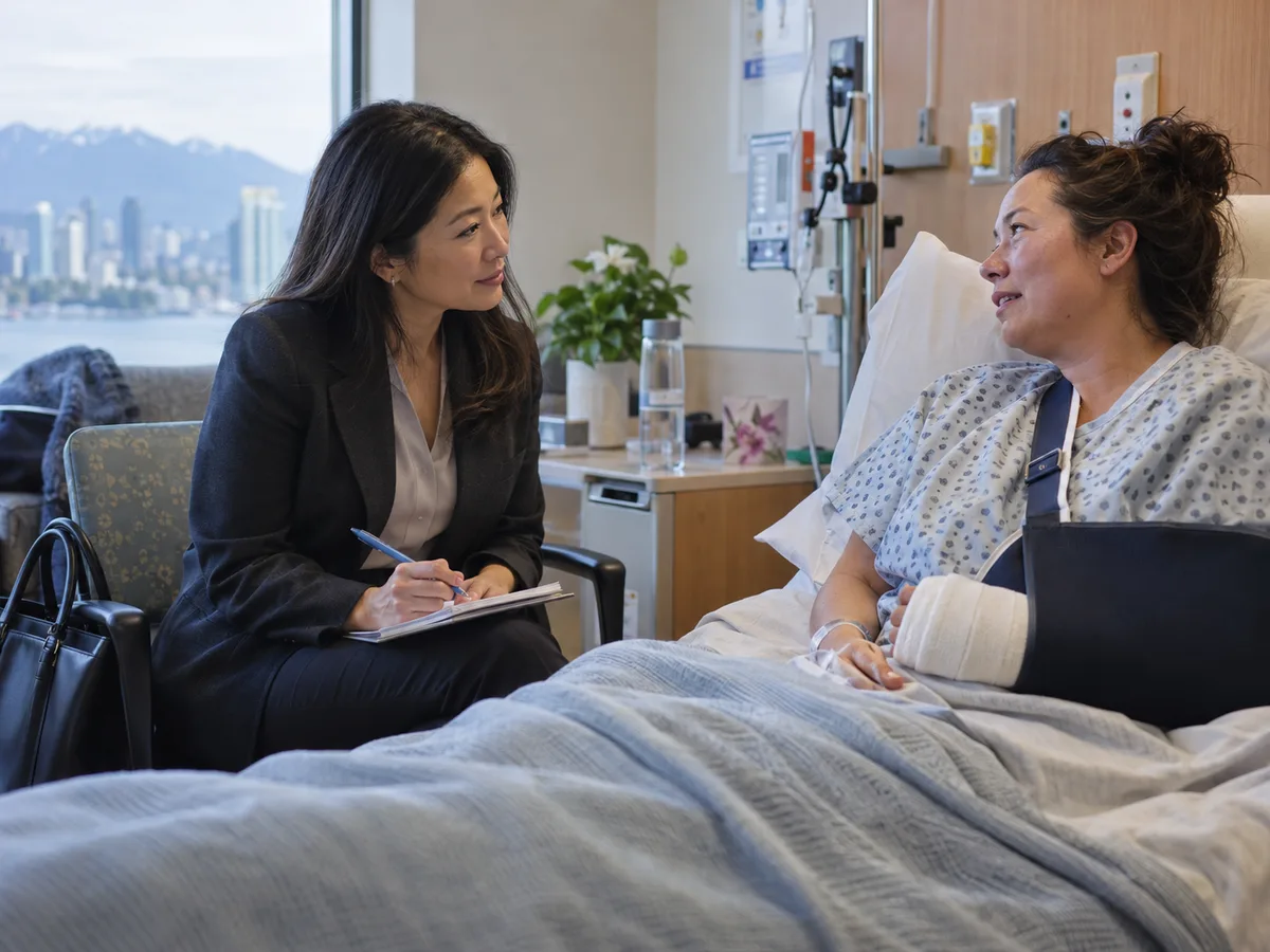 Personal injury lawyer in a dark blazer seated beside a hospital bed, taking notes on a notepad while talking with a patient whose arm is in a cast and sling, with a city skyline and mountains visible through the window.