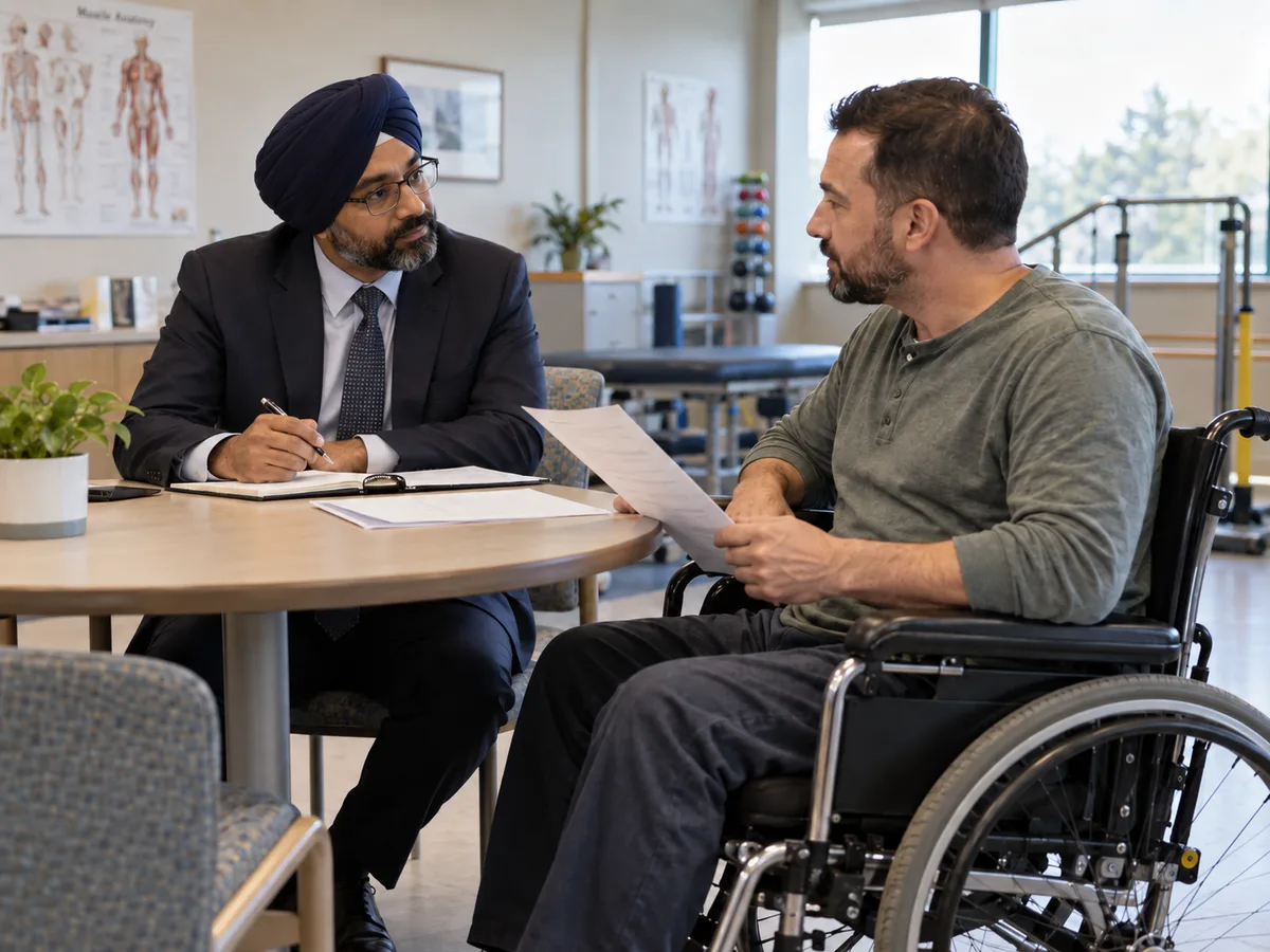 Personal injury lawyer in a navy suit and turban taking notes at a round table while meeting with a client in a wheelchair who is reviewing a printed document, in a rehabilitation centre with anatomy posters and therapy equipment in the background.