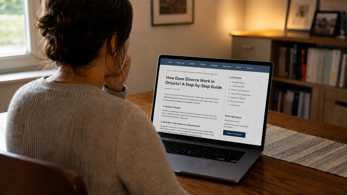 Person seated at a home dining table reading a family law article on a laptop with the headline "How Does Divorce Work in Ontario? A Step-by-Step Guide," in a warm, private home setting with the subject shown from behind.