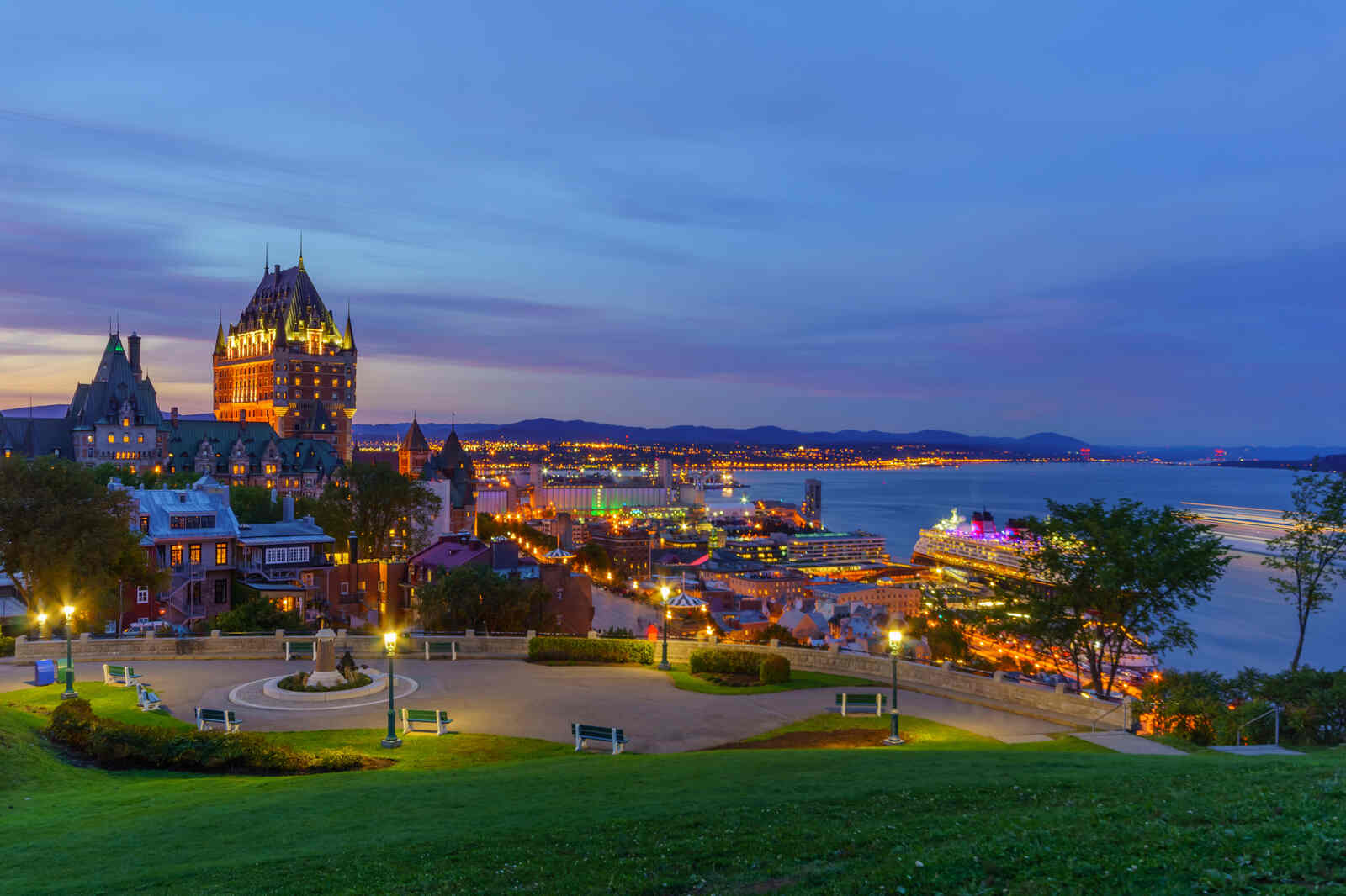 Sunset view of the old town and the Saint Lawrence River from the Citadel, Quebec City, Quebec, Canada