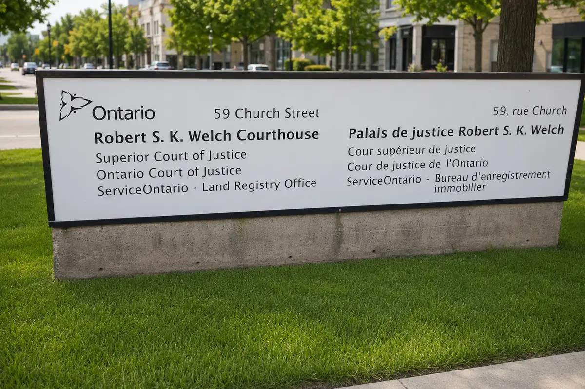 Bilingual Ontario courthouse sign for the Robert S. K. Welch Courthouse at 59 Church Street, set on grass with a clean city street and trees in the background.