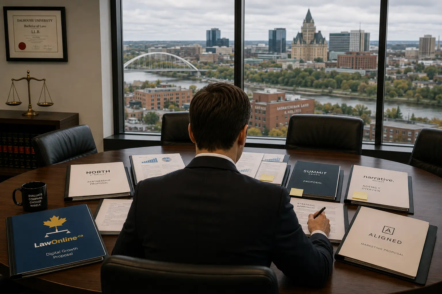 A lawyer reviews several marketing agency proposals spread across his desk, with downtown Saskatoon visible out the window