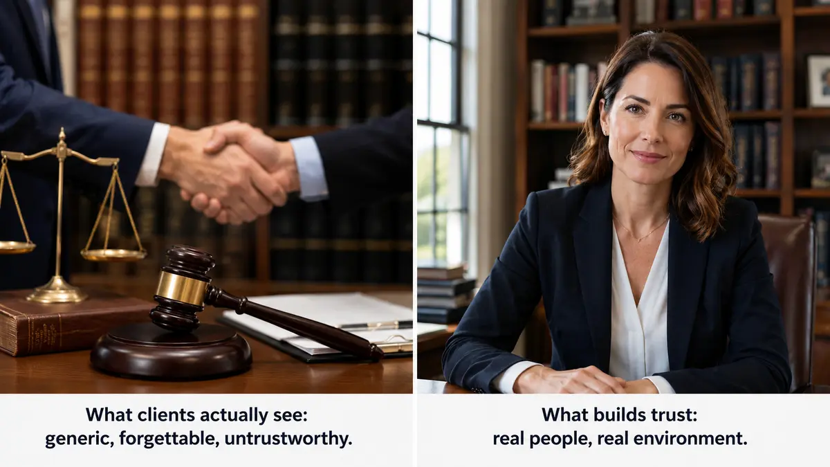 Split screen comparison image showing two law firm visual styles. On the left, a generic stock photo shows a handshake, scales of justice, and a gavel in a law office, with text that reads, "What clients actually see: generic, forgettable, untrustworthy." On the right, a real female lawyer sits at her desk in front of a bookcase, with text that reads, "What builds trust: real people, real environment."