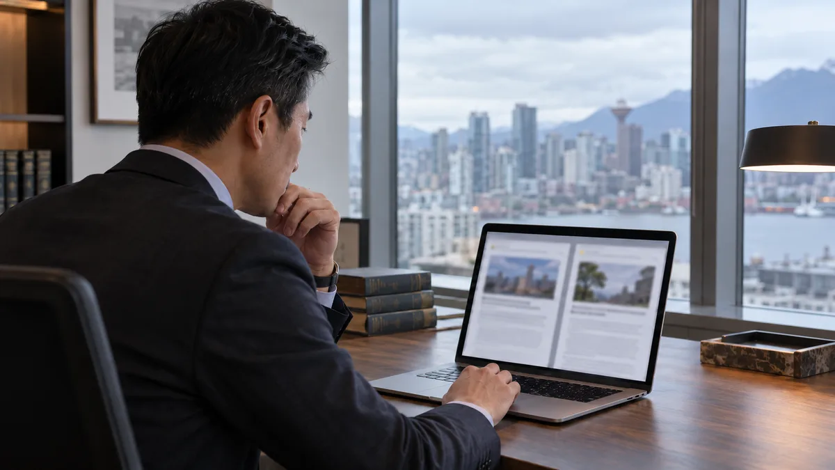 Lawyer at a desk with a hand on his chin, comparing two news articles side by side on a laptop, with the Vancouver skyline and North Shore mountains through the office window