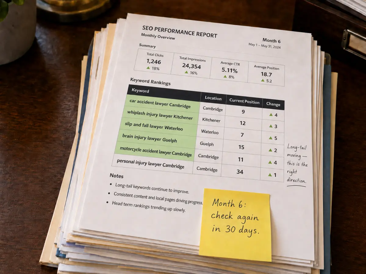 Close-up editorial photo of a printed Month 6 SEO performance report resting on a stack of papers on a wooden desk, showing improving long tail personal injury keyword rankings, a handwritten margin note saying the movement is in the right direction, and a sticky note that reads "Month 6: check again in 30 days."