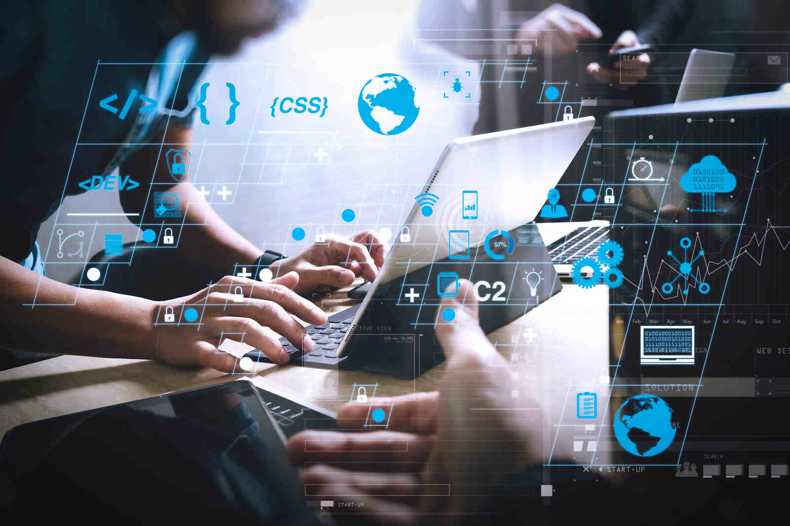 Conceptual image of a team of law firm website designers working on laptops, with a grid of internet technology icons and acronyms superimposed overtop.