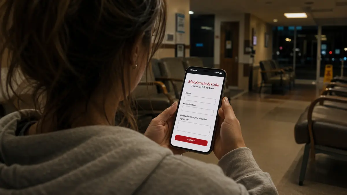 Young woman in a dim hospital waiting room at night, seen from behind, filling out a personal injury law firm intake form on her smartphone at 11:14 p.m.