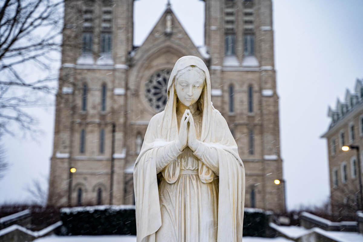 Statue of the Virgin Mary in front of the Basilica of Our Lady Immaculate in Guelph, Ontario, Canada