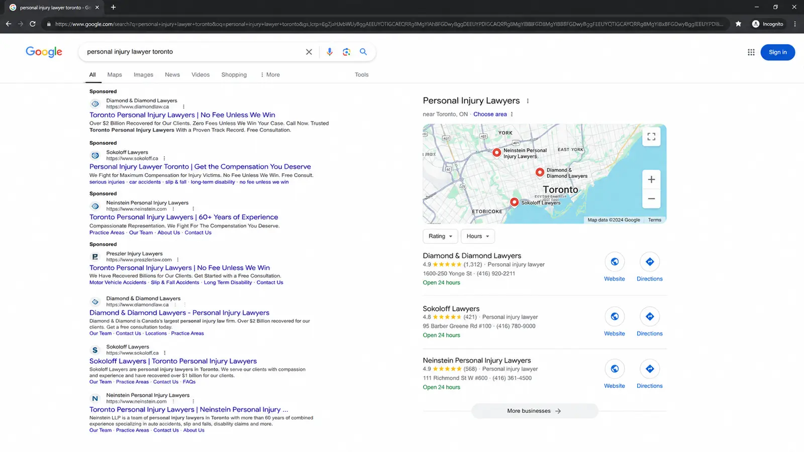 Google search results for "personal injury lawyer Toronto" showing multiple sponsored ads, a three firm Local Pack with map listings, and organic law firm results.