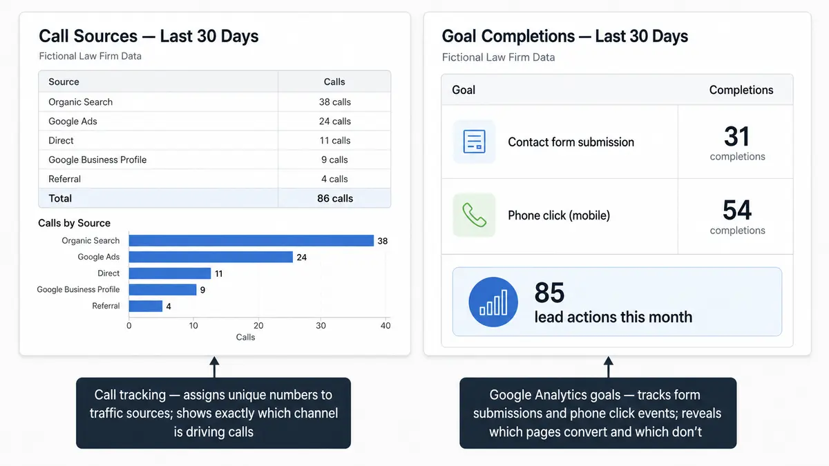 Annotated split panel dashboard mockup showing two side by side analytics screens for a fictional law firm. The left panel, titled "Call Sources: Last 30 Days," lists calls by source: Organic Search 38, Google Ads 24, Direct 11, Google Business Profile 9, Referral 4, for a total of 86 calls, with a matching horizontal bar chart below. The right panel, titled "Goal Completions: Last 30 Days," shows two tracked goals: Contact form submission with 31 completions and Phone click (mobile) with 54 completions, plus a summary box stating "85 lead actions this month." Two dark annotation boxes below explain that call tracking ties phone calls to traffic sources and that Google Analytics goals track form submissions and phone click events.
