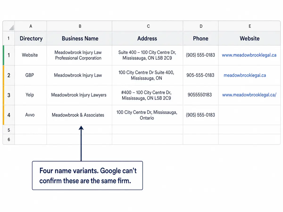 Spreadsheet mockup showing four directory listings for the same fictional Mississauga personal injury firm with inconsistent business names, address formatting, phone formatting, and website entries, plus an annotation noting that Google may not recognize them as the same firm.