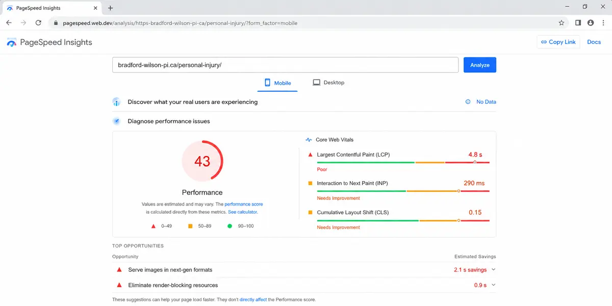 PageSpeed Insights mobile report for the fictional Bradford Wilson personal injury law firm website, showing a performance score of 43, poor LCP of 4.8 seconds, INP of 290 milliseconds, CLS of 0.15, and recommended performance fixes.
