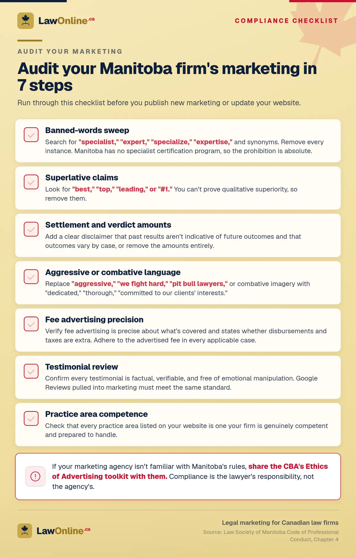 A seven-step audit for Manitoba [law firm marketing](/law-firm-marketing/), from banned specialist terms to fee precision and testimonial checks.