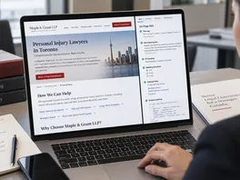 Law firm professional reviewing on-page SEO elements for a Toronto personal injury website on a laptop.