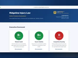 Browser screenshot of a sample law firm SEO audit, showing an executive scorecard that grades website health, search visibility, and competitive standing.