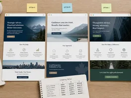 Three website designs printed out and spread side-by-side on a table, comparing different options for a law firm website.