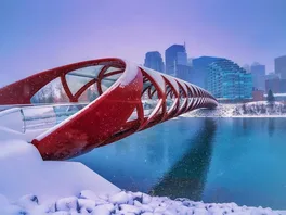 Snow falls on the Peace Bridge in Calgary, Alberta