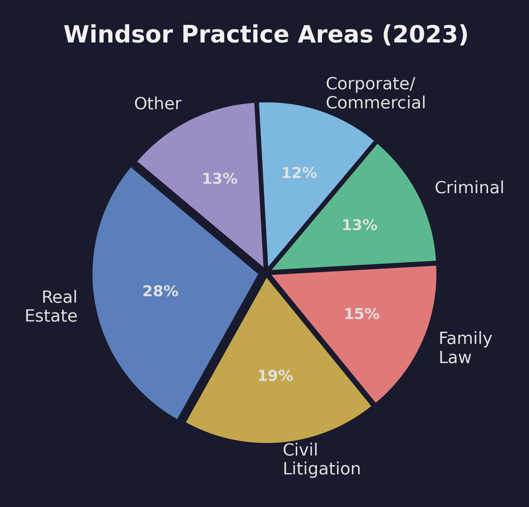 Pie chart showing Windsor practice area distribution in 2023: real estate law at 28%, civil litigation at 19%, family law at 15%, with remaining practice areas making up the balance